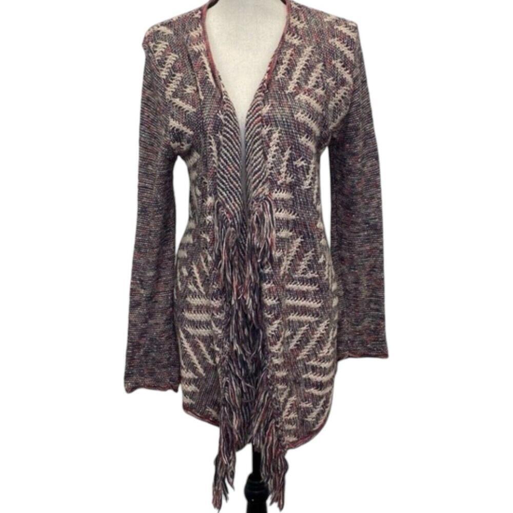 Lucky Brand Aztec Southwest Open Front Long Cardigan Duster With Fringes S